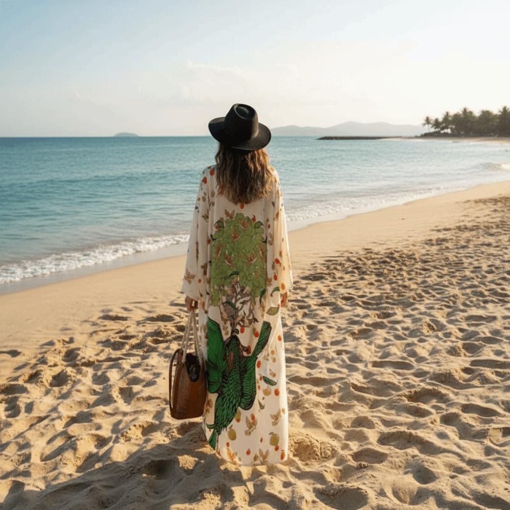 Boho Bikini Cover-ups Peacock Print Loose Maxi Dress Fashion Long Dress Beachwear For Women