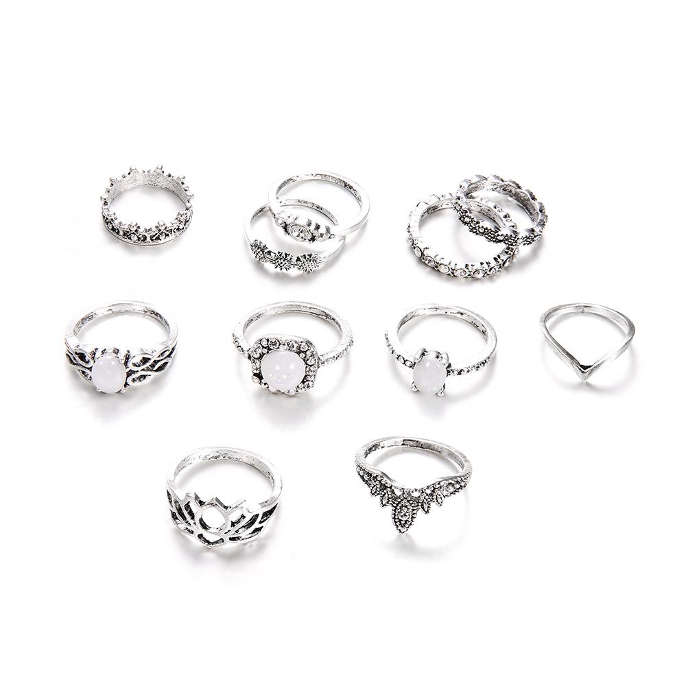 Bohemian Retro Totem Gemstone Openwork Ring Set for Women - 11 Pieces