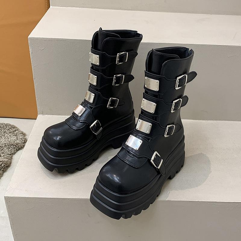 Fashion Women Punk Boots 8 CM Platform Outdoor Shoes Personalized Metal Design Chunky Boots Cool Nightclub Party Casual Zip Shoes 35-42