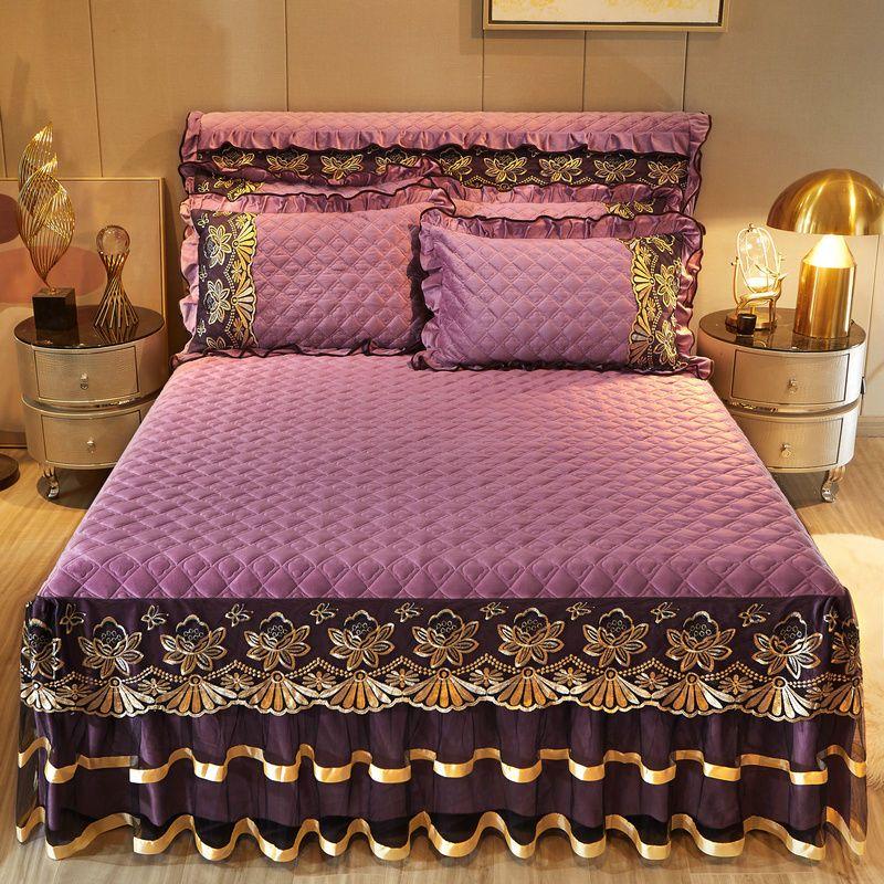 3pcs Luxury High-end Lace Fitted Sheet Set, Soft Comfortable Breathable Solid Color Clip Cotton Bedding Bed Skirt Style Mattress Protector Set