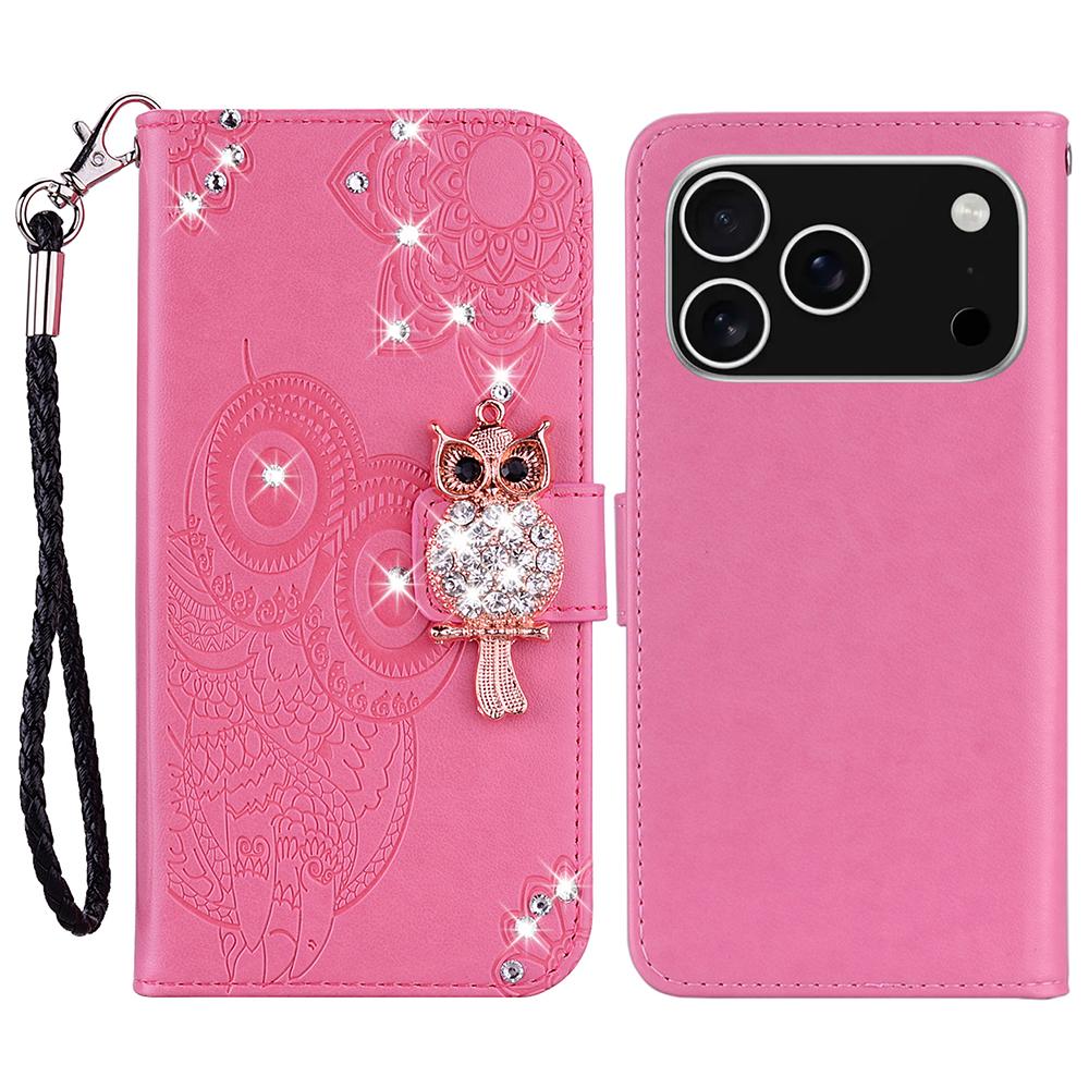 For iPhone 17 Pro Max Wallet Case Owl Flower Imprinted Rhinestone Leather Cover