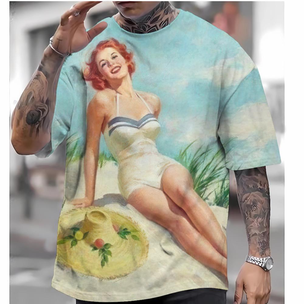 T-shirt Vintage da Uomo Sexy Bellezza Modello Stampato 3D T-shirt Casual a Maniche Corte T-shirt Oversize Abbigliamento da Uomo Top Estate