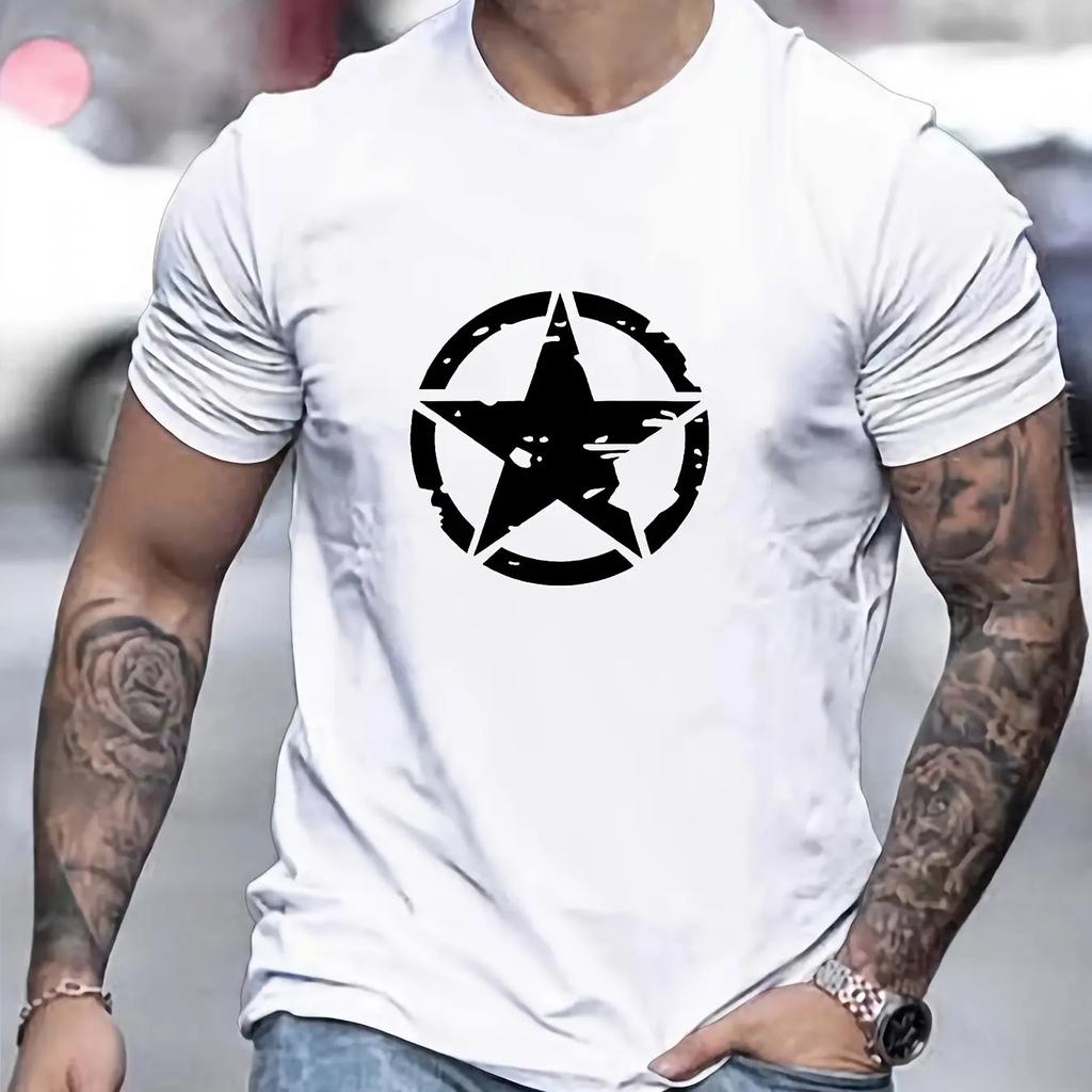 Summer men's 100% cotton comfortable casual loose overd star logo graphic printed sports round neck short sleeved T-shirt#Color