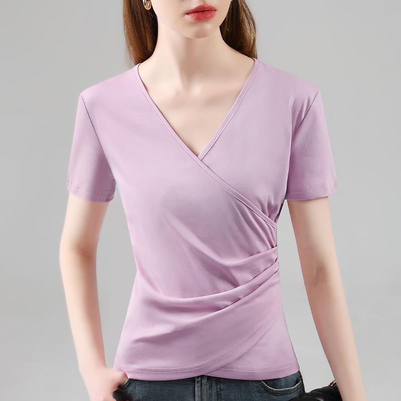 Ice-sensing Mercerated Cotton Short-sleeved T-shirt for Women's New Women's Solid Color Pure Cotton T-shirt Cross V-neck Design Top