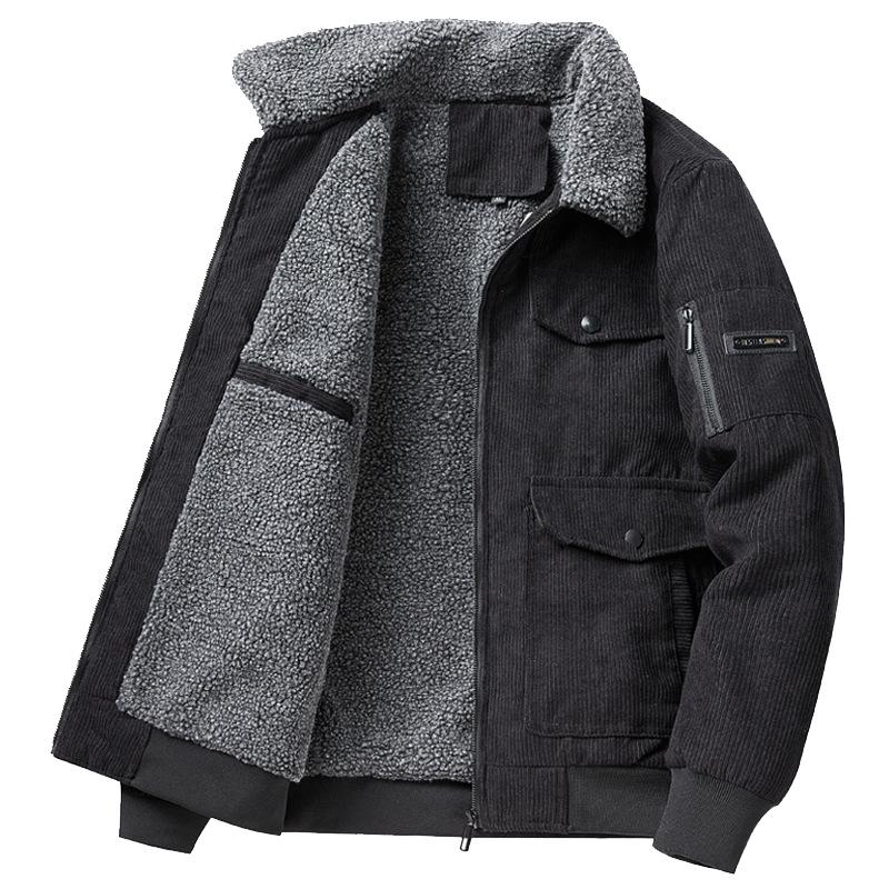 Men's 2025 Korean Style Corduroy Cotton Jacket with Lambswool Fleece Lining and Large Pockets