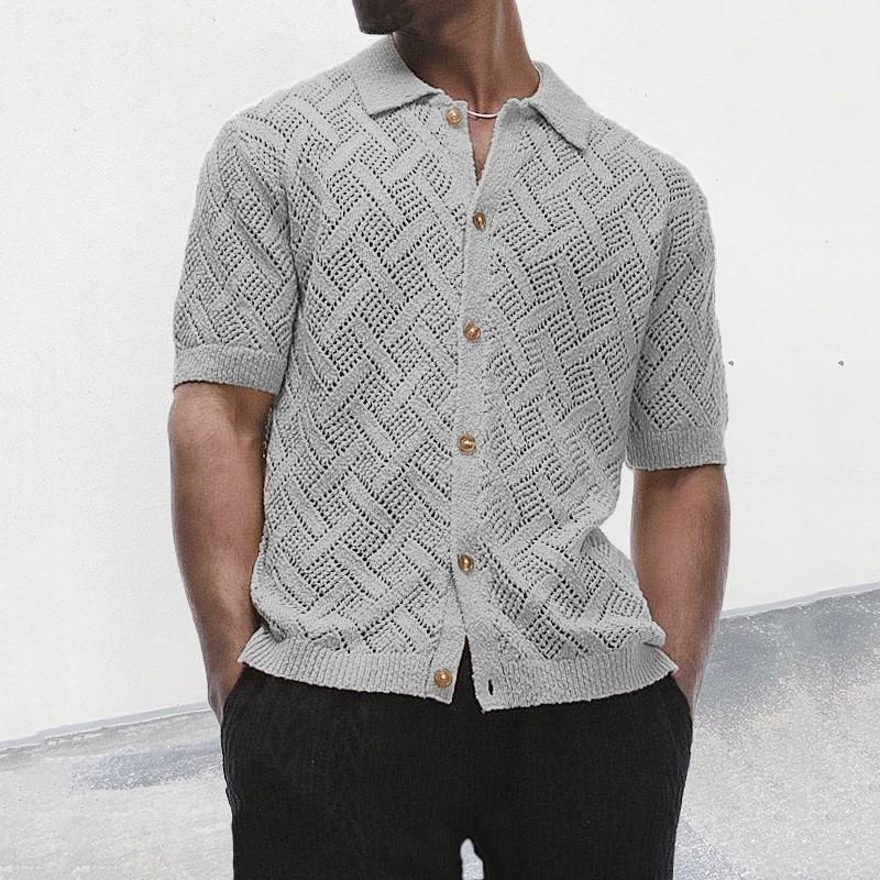 Mens Short Sleeve Polo Neck Knit Cardigan Hollow Out Slim Fit Young Adults