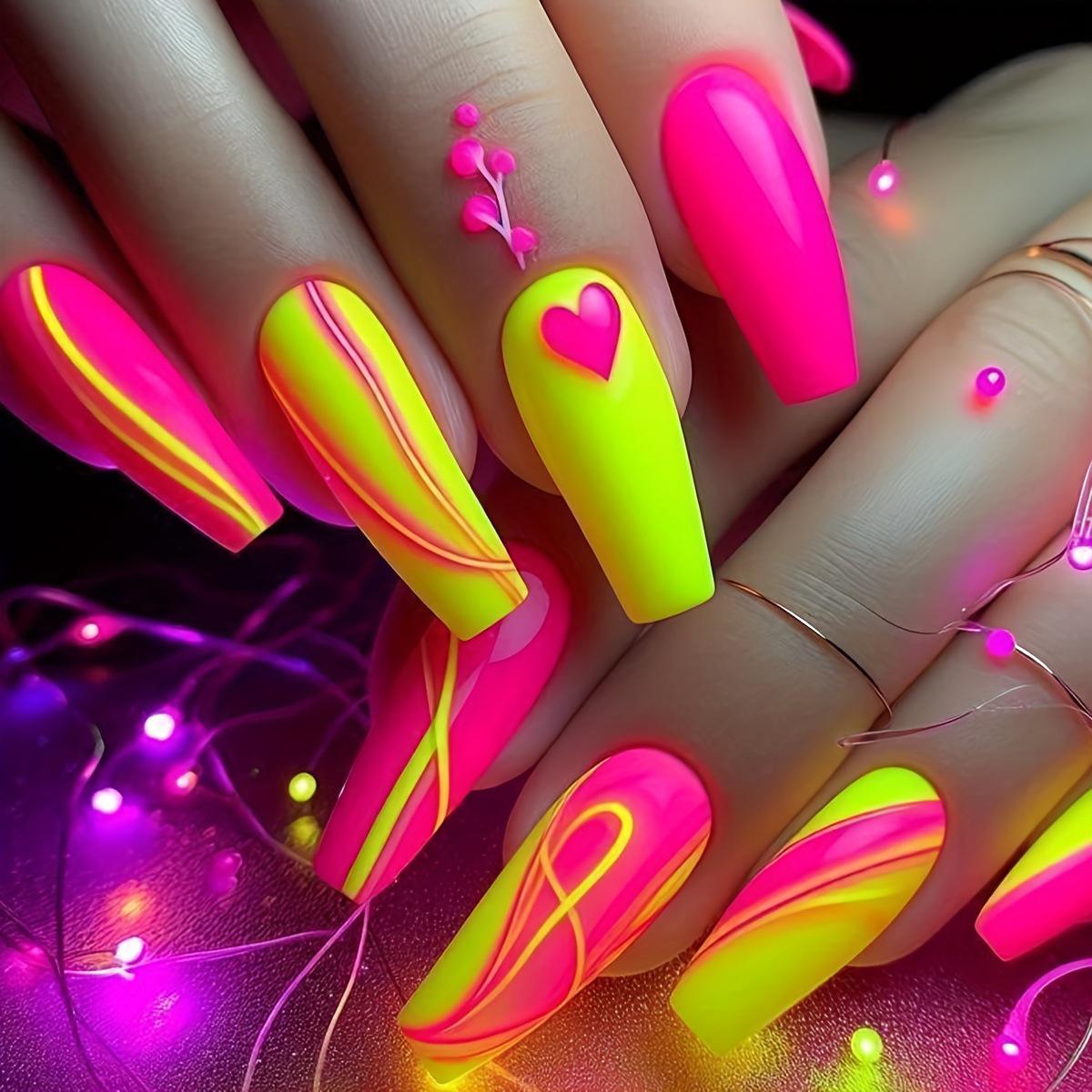 Colorful Gradient Ballet Nail Art - 24pcs Heart & Stripe Stickers for Spring/Summer