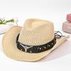 Hat Women's Summer Western Cowboy Straw Hat Ethnic Style Retro Sunscreen Sun Hat Solid Color Bullhead Label