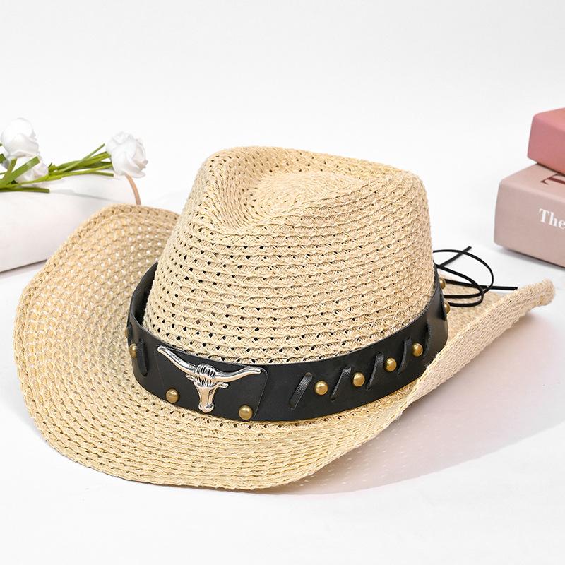 Hat Women's Summer Western Cowboy Straw Hat Ethnic Style Retro Sunscreen Sun Hat Solid Color Bullhead Label