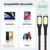 Câble USB-C vers USB-C Charge Rapide 60W pour iPhone 16 Pro Max - iPhone 16 Pro - iPhone 16e - Nylon Renforcé Noir 1M