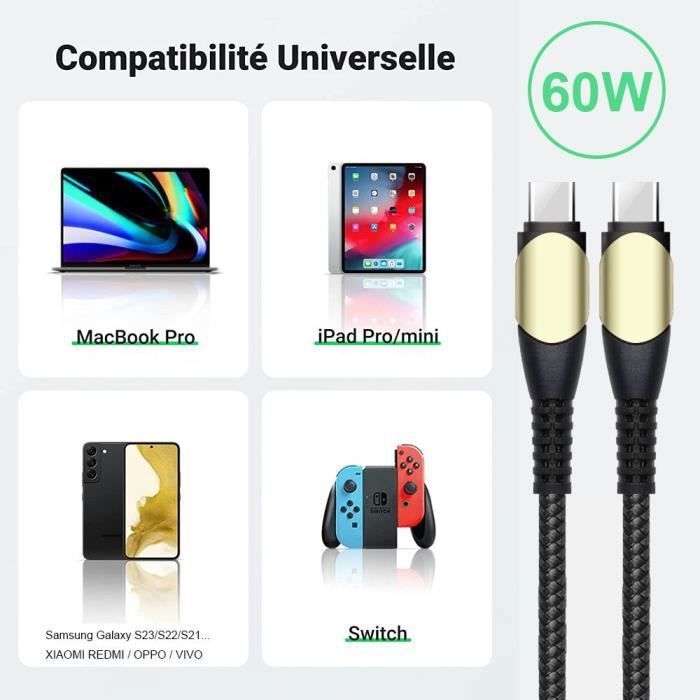 Câble USB-C vers USB-C Charge Rapide 60W pour iPhone 16 Pro Max - iPhone 16 Pro - iPhone 16e - Nylon Renforcé Noir 1M
