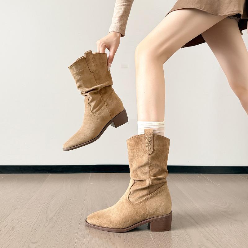Leopard print hairy medium tube women's boots autumn and winter short boots thin heel trouser tube boots pointed high heel boots
