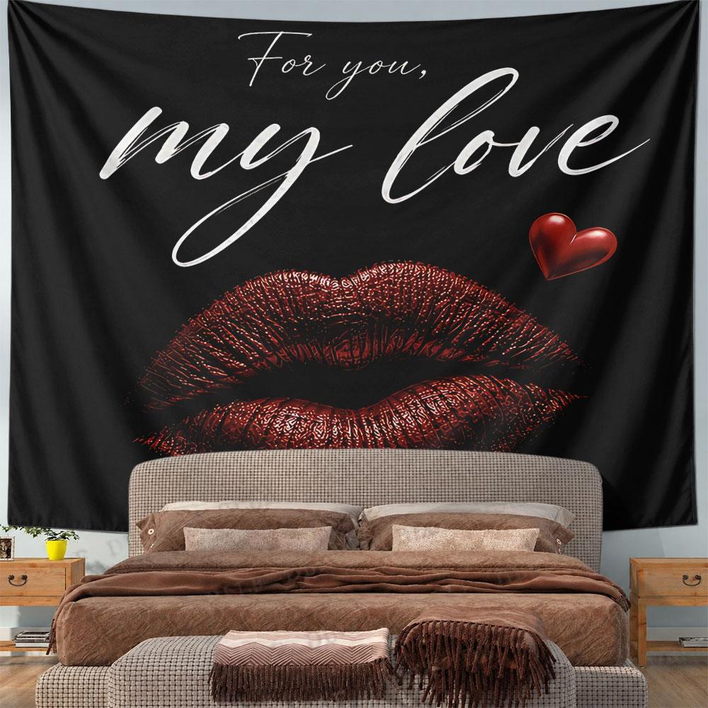 For You My Love Lips Heart Tapestry Wall Hanging Romantic Red Love Decor for Bedroom Living Room Anniversary Gift