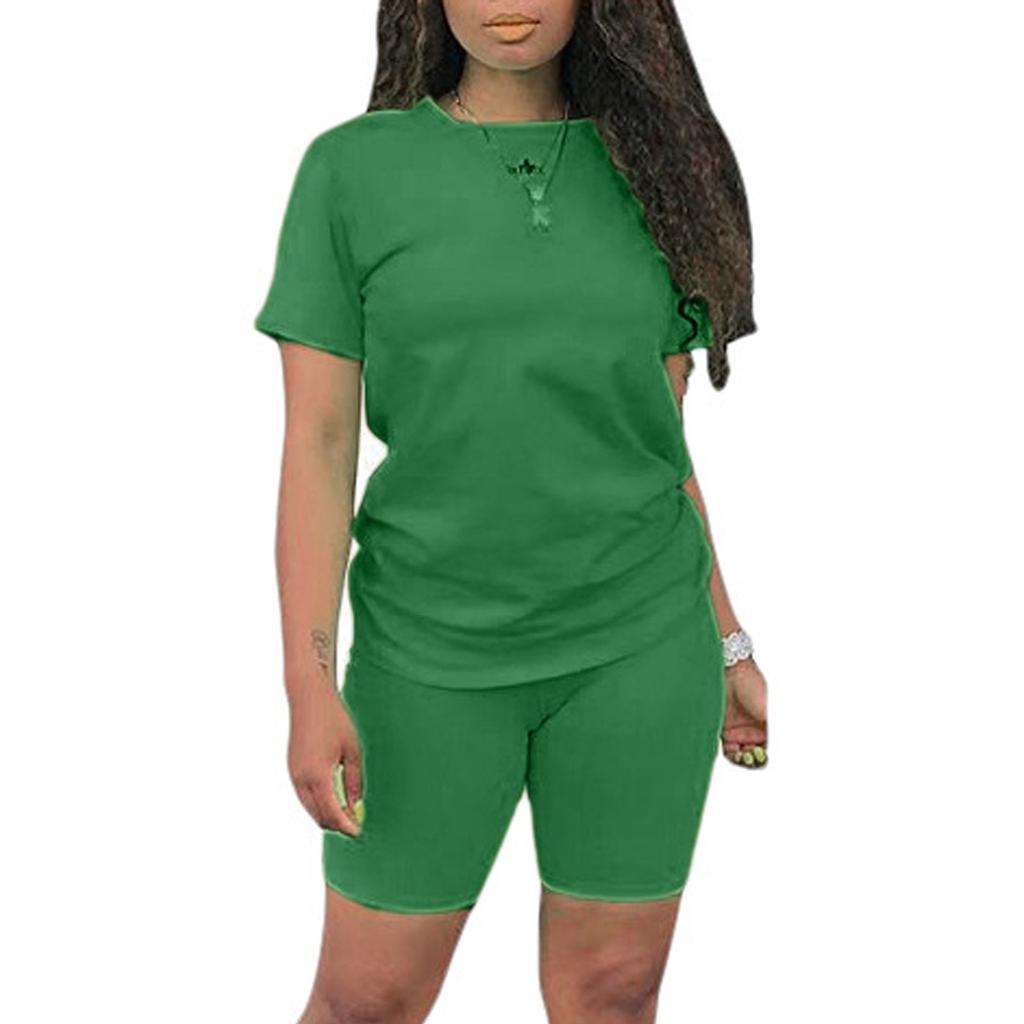 Women's 2 Piece Casual Sports Solid Color Suit Short Sleeve Top And Pants Set