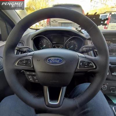 Genuine Leather Steering Wheel Cover for Ford Focus 15-19 and Kuga 17-20, Hand-Stitched, Full Coverage
