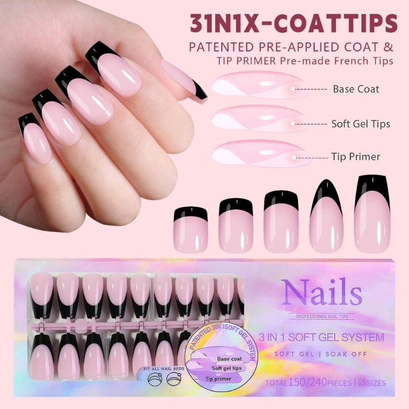 150Pcs Black French Tip Gel Nail Tips Short Coffin Shape Press on Nails Short for Women False Nails 15 Sizes