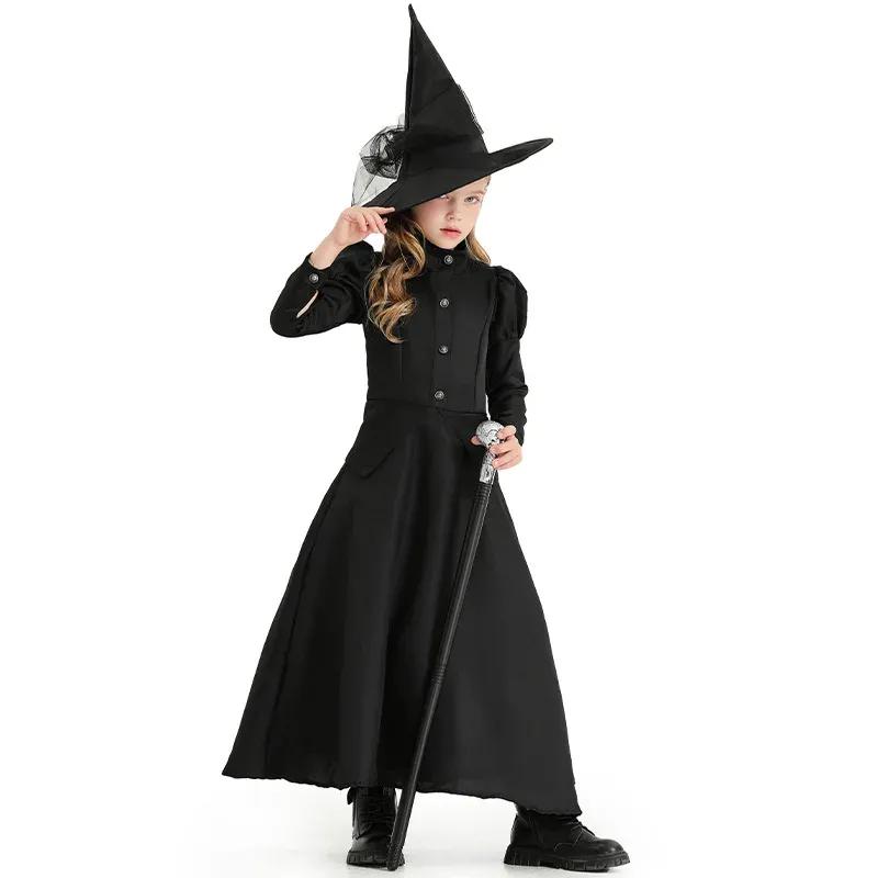 Halloween Wizard Cosplay Costume Kids Adult Halloween Women Deluxe Wicked Witch Costume Black Full Length Dress