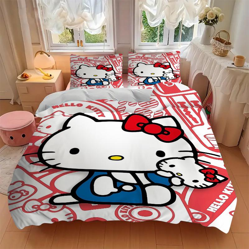 3pcs Cute Hello Kitty Design Printed Quilt Set Soft and Comfortable Quilt Cover for Bedroom, Guest Room Bedding Set W022