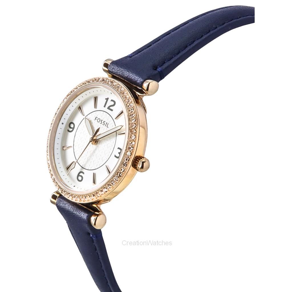 Fossil Montre Femme Carlie Accents Cristal Cadran Argenté Cuir LiteHide Marine Quartz ES5295