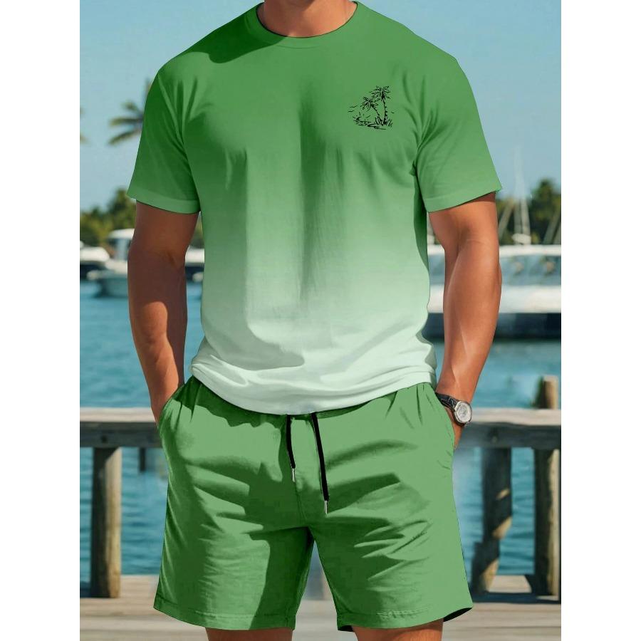 Farbverlauf Kurzarm-T-Shirt und Shorts Set Mode Hawaiianischer Urlaub T-Shirt Shorts mit Kordelzug 2-teiliges Set Herrenbekleidung