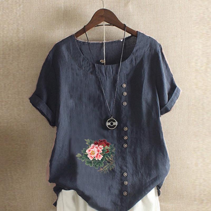 Damen T-Shirt mit Rundhalsausschnitt, kurzärmelig, Blumenmuster, Leinenhemd, Sommer, lässig, Übergröße