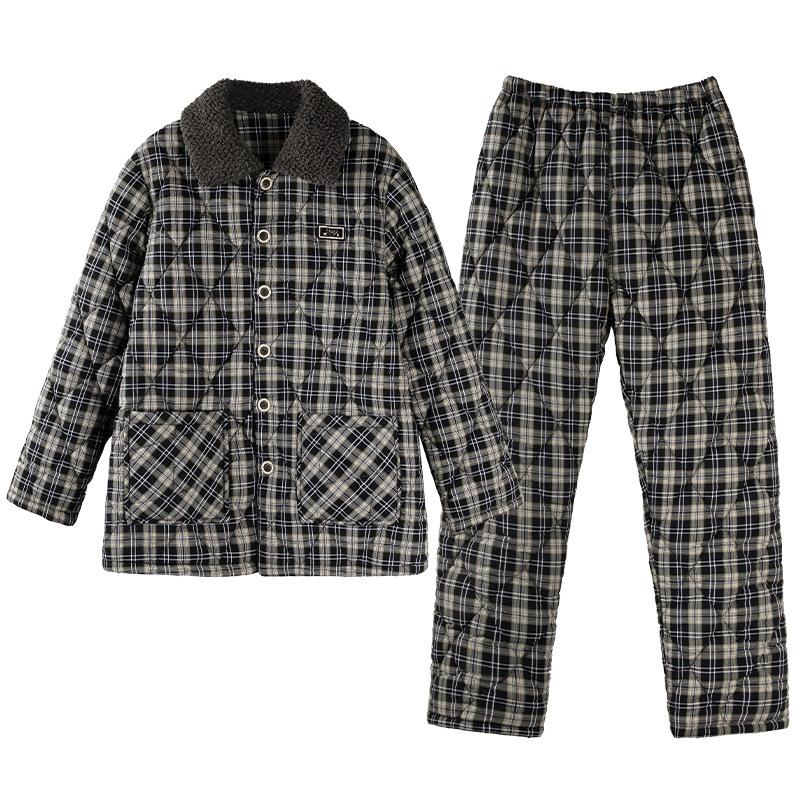 Three-Layer Padded Pajamas Men'S Winter Thickened And Velvet Woven Pure Cotton Warm Padded Jacket Anti-Static Loungewear Set