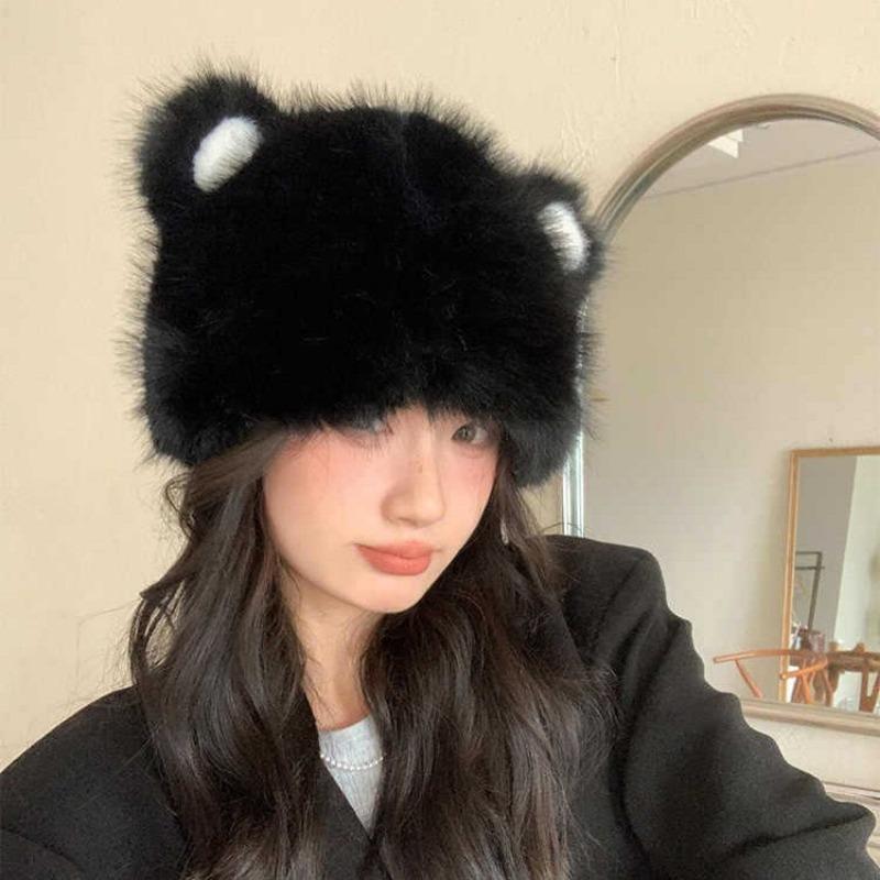 Women S Cute Bear Ear Plush Hat Winter Warm Ear Protection Hat