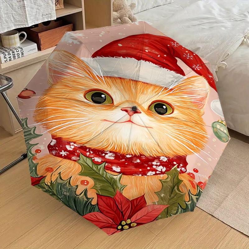 Christmas Cat with Santa Hat & Scarf - Festive Holiday Gift for Fans, Travelers, Everyday Use | Auto Open Close Umbrella | Portable 3-Fold D