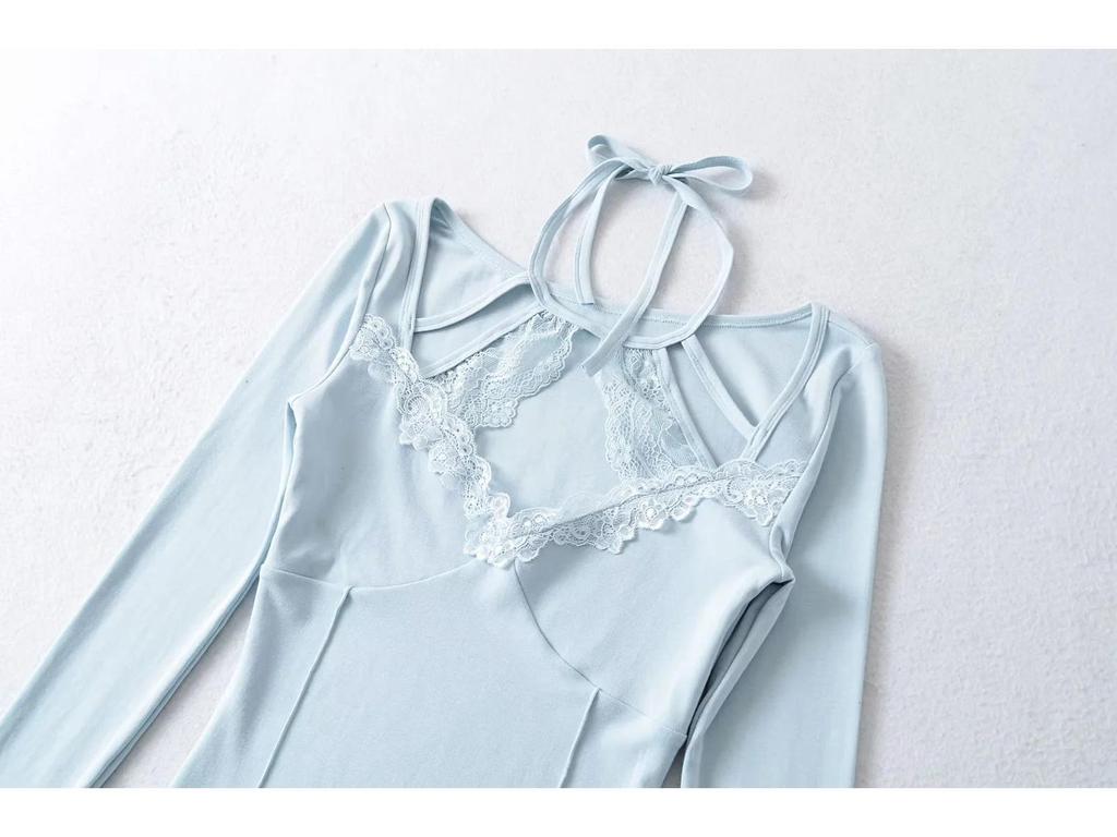 2025 Spring/Summer Women's Slim Fit Halter Neck Long Sleeve Lace Top