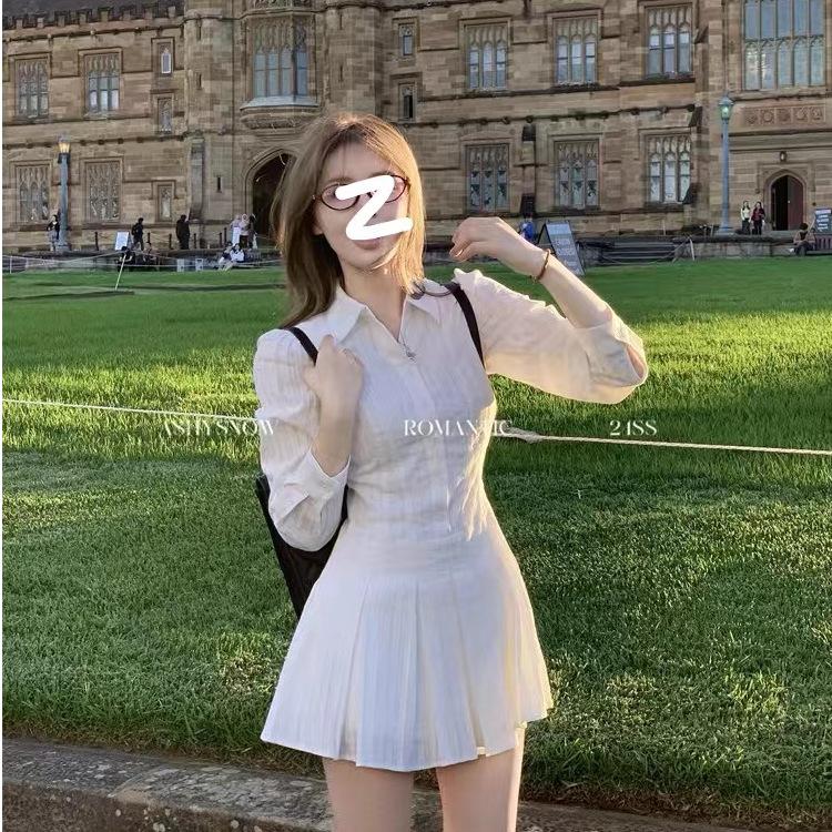 Spring College Style White Long-sleeved Shirt Dress Temperament Waist Design Collar Pleated Short Skirt A