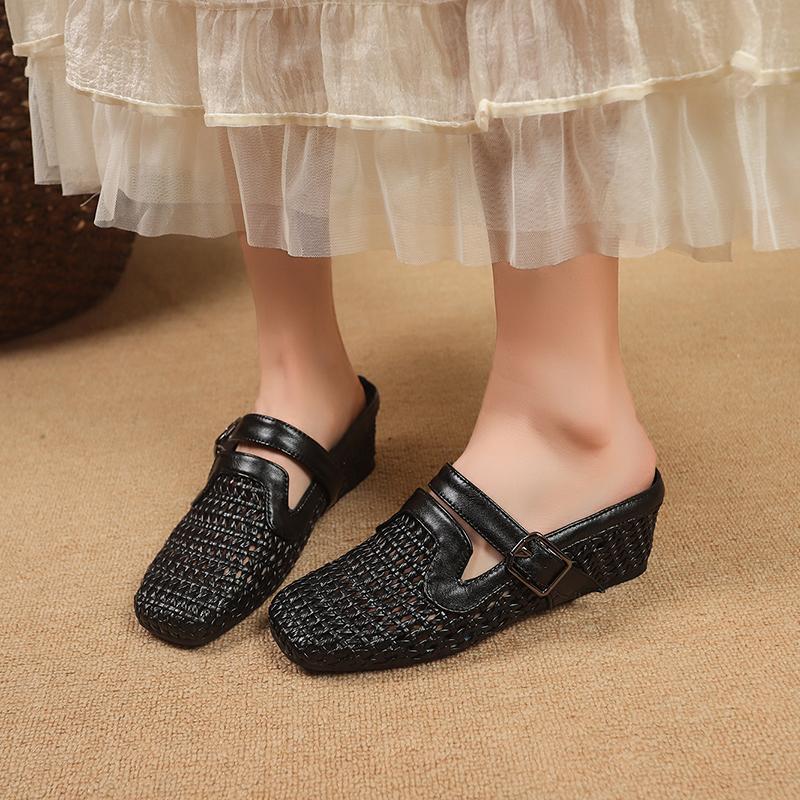 New Fashion Mesh Slippers Design Sandals for Women Square Toe Wedge Heel 5.5cm Belt Buckle Slip On Mules Leisure Shoes