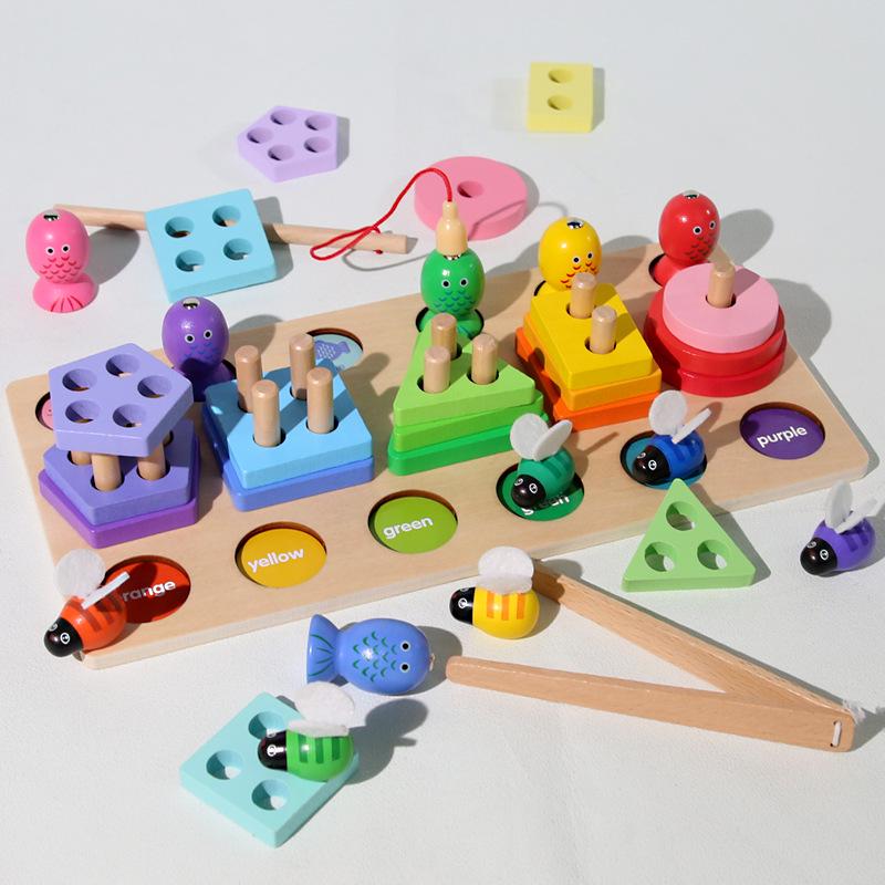 Children's Educational Toy Set: Shape, Color Matching, Building Blocks, Fishing Game, and Fruit Cutting.