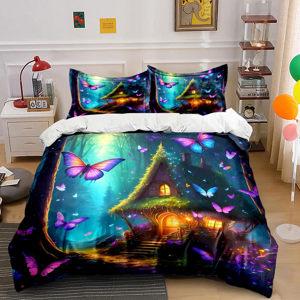 Magical Butterfly Forest Decor Set Soft Skin-Friendly Bedding Set Includes 1 Duvet Cover And 2 Pillowcase Gift