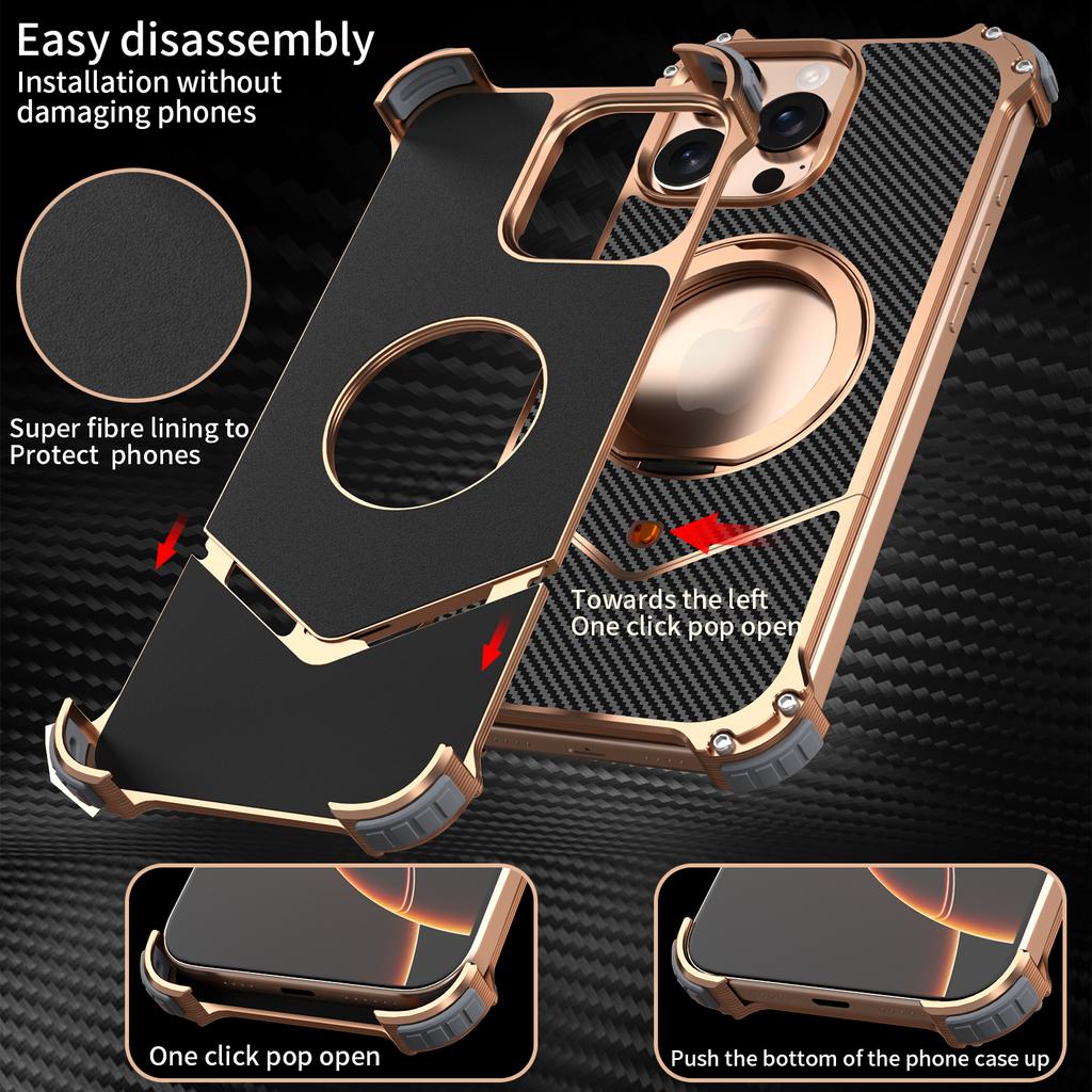 For iPhone 15 Pro Magnetic Case Carbon Fiber Texture PU+Metal Boardless Phone Back Cover with Kickstand