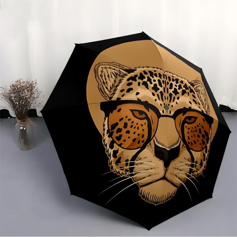 1 Stück Leopard Brille Automatischer Regenschirm | Tragbar Faltbar 8-Rippen Manuell Öffnen, Niedliches Geburtstags- & Feiertagsgeschenk für Draußen yy260107076