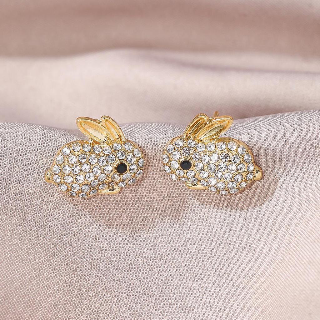 Elegant Zirconia Bunny Ear Studs - Eco-friendly Alloy, Rhinestone Design, Versatile Earrings