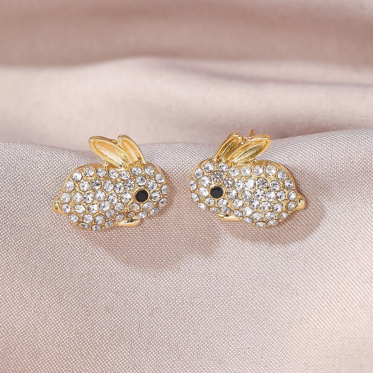 Elegant Zirconia Bunny Ear Studs - Eco-friendly Alloy, Rhinestone Design, Versatile Earrings
