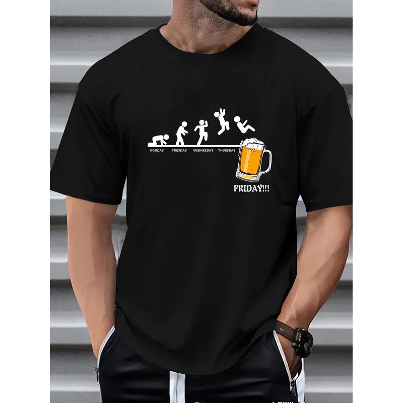 Casual Short-Sleeved T-Shirts with a Humorous Beer Jumping Design
