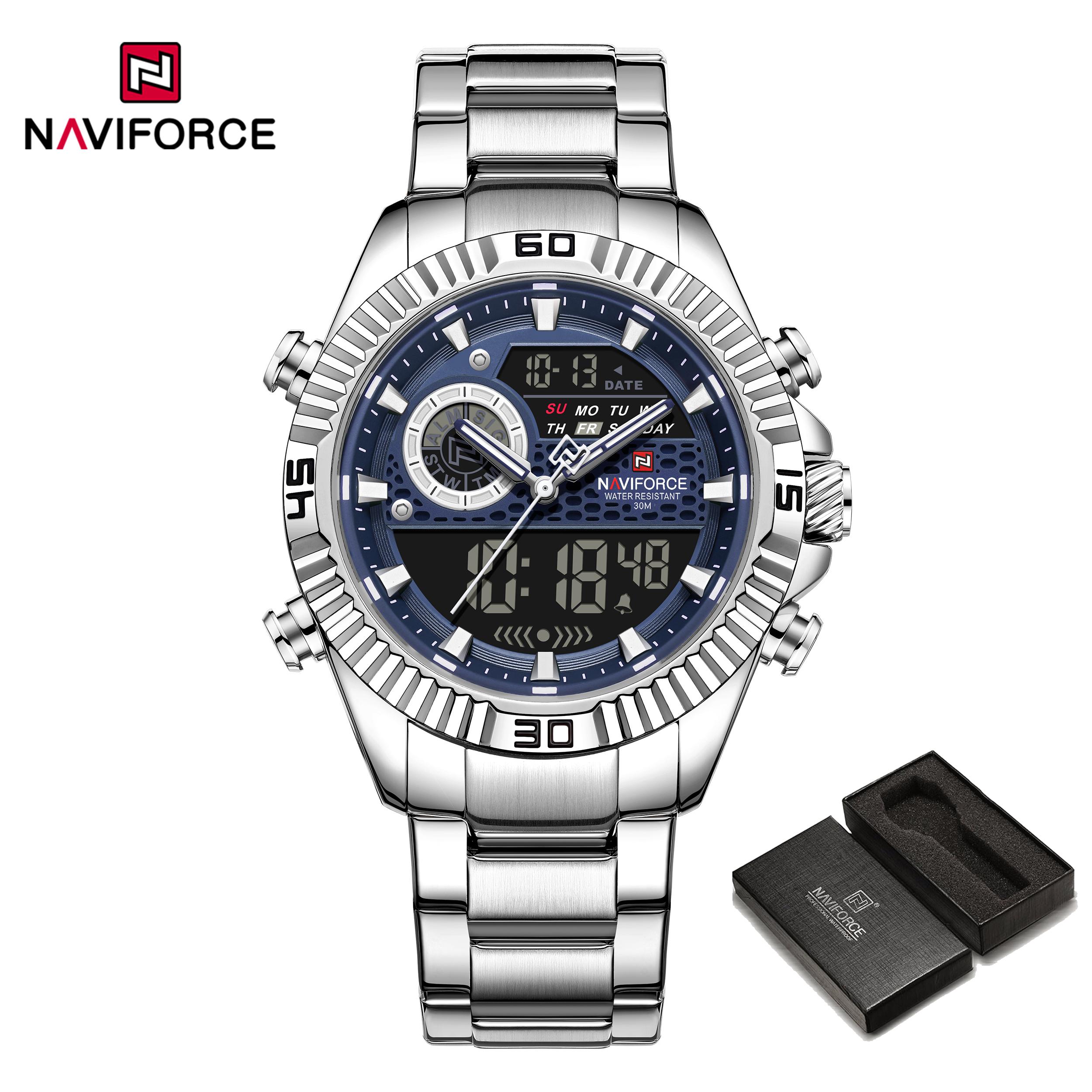 

NAVIFORCE Men Dual Time Watch LCD Display Quartz Movement Stainless Steel Strap Waterproof Calendar Date Chronograph Men Watch NF9262S срібний/синій
