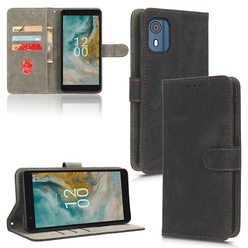 Compatible Nokia C02 Leather Case: Flip Stand with Card Slot & Magnetic Lanyard