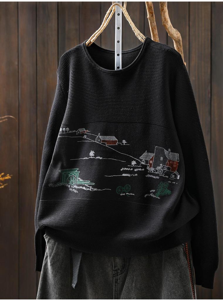 Autumn Cartoon Print Long Sleeve Knit Cotton Sweater for Women