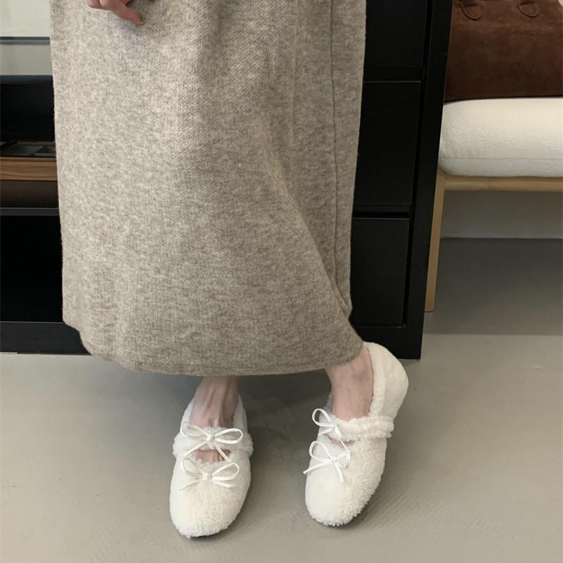 2025 winter height increase of 4cm single shoes warm and plush round bow fluffy shoes