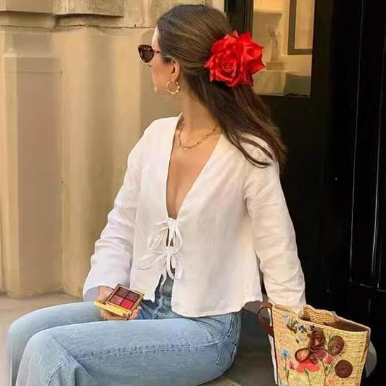 Spring/Summer Trendy Deep V Trumpet Sleeve Tie Top - European & American Women's Fashion