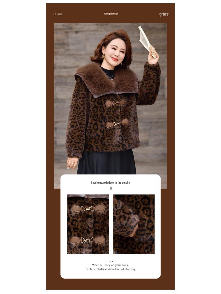 Women's Leopard Print Fur Collar Leather-Fur Jacket – Autumn/Winter Fashion Short Coat