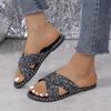 European Cross Strap Sequin Summer 2024 Round Toe Women's Plus Size Thick Sole Slippers.