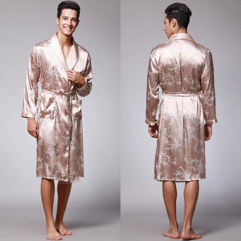 Yaoting Men's Long Sleeve Silk Pajamas and Bathrobe Set, Ice Silk Loungewear