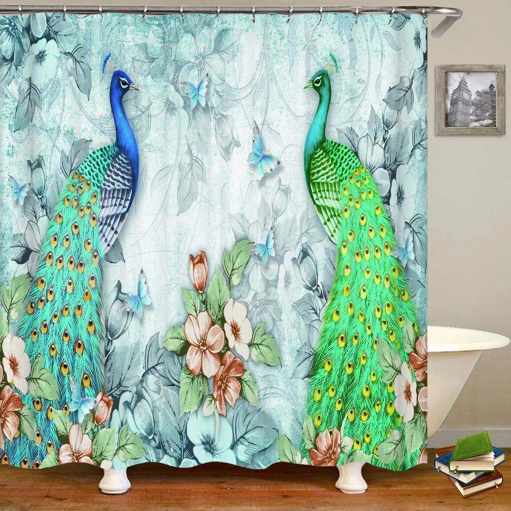 3D Flowers and Birds Peacocks Shower Curtain Waterproof Bathroom Curtains Polyester Home Decor Bathtub Curtain Screen with Hooks