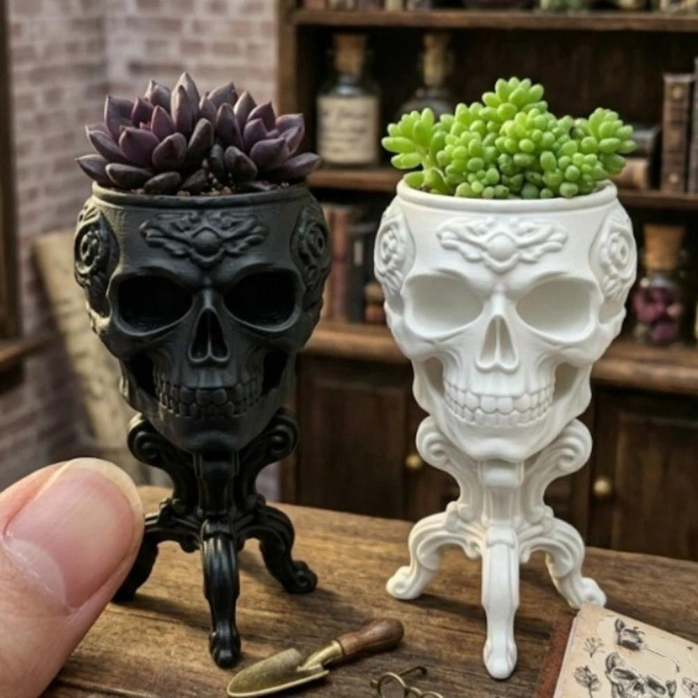 Gotische Schädel-förmige Tischvase Gruselige Dunkle Mini-Skelett-Blumentopf Puppenhaus-Dekoration