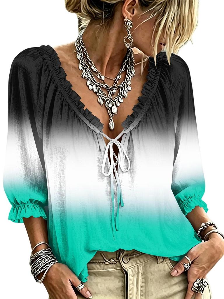 Women's long-sleeved top with gradient color, front tie frills, V-neck bow, three-quarter sleeves. Multi-scenario casual wear item.