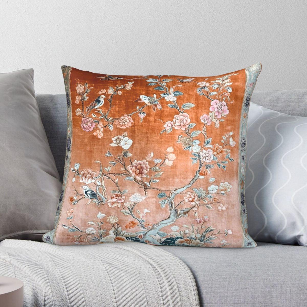 Exquisite Ornaments Unisex Chinese Floral Birds Peachy Square Pillowcase Polyester Linen Velvet Pattern Zip Decorative Throw Pillow Case Sofa Cushion Cover